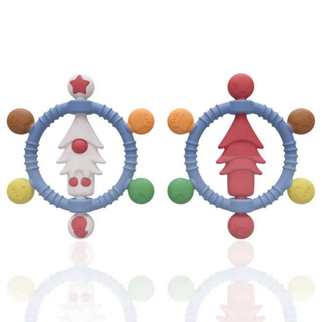 Hot Selling Baby Silicone Teether Christmas Tree Shaped Baby Rattle Teething Ring Toy Food Grade Silicone Christmas Baby Teether