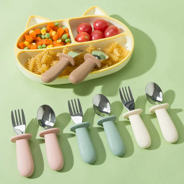 Оптовая силиконовая детская ложка и вилка, экологически чистый набор для кормления детей, обучающая ложка на присоске