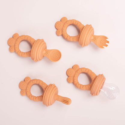 5 in 1 Pure Silicone Baby Teething Toys and Feeder Pacifier Baby Teether Chew Toys Fresh Food Feeder Pacifier and Spoon Fork