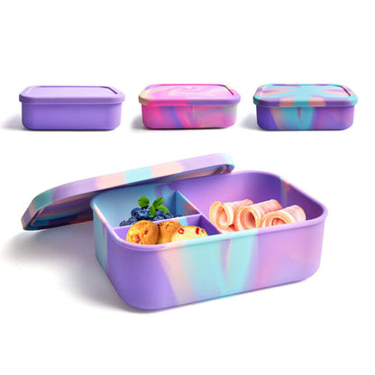 Lunchbox aus lebensmittelechtem Silikon, heißer Verkauf, Regenbogenfarben, tragbarer Kinder-Lebensmittel-Aufbewahrungsbehälter aus Silikon mit 3 Fächern